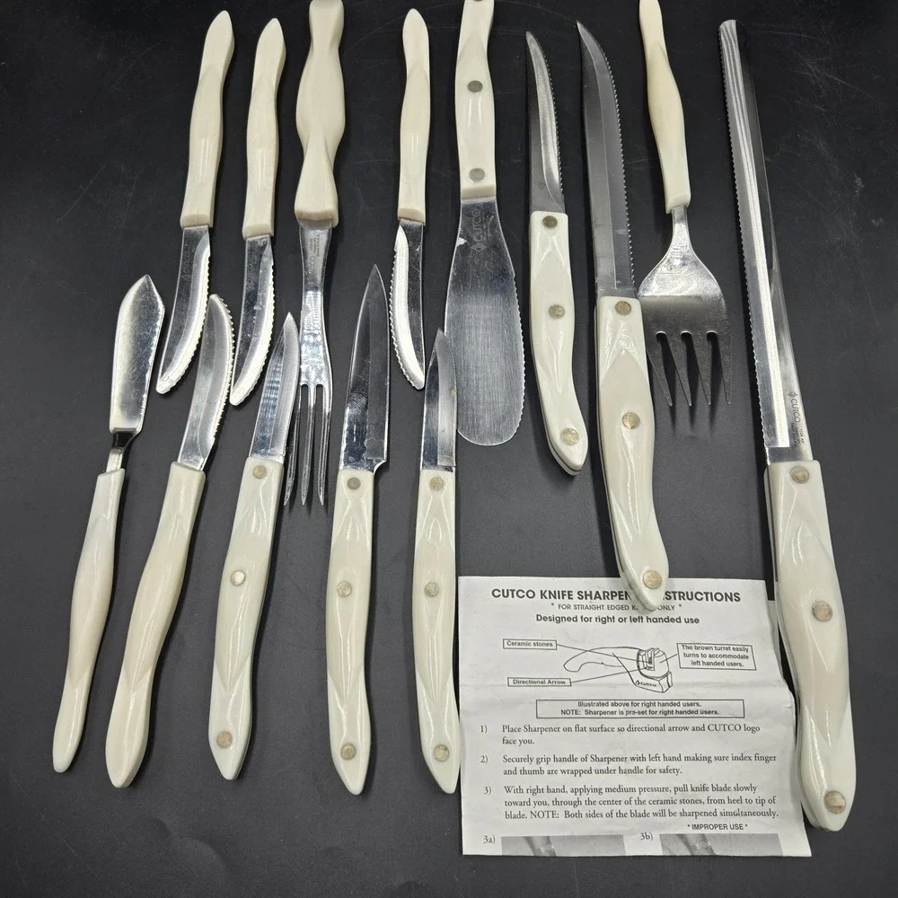 Vintage CUTCO Pearl White Knife Set 14 Piece USA Made Spatula Forks Steak Knives